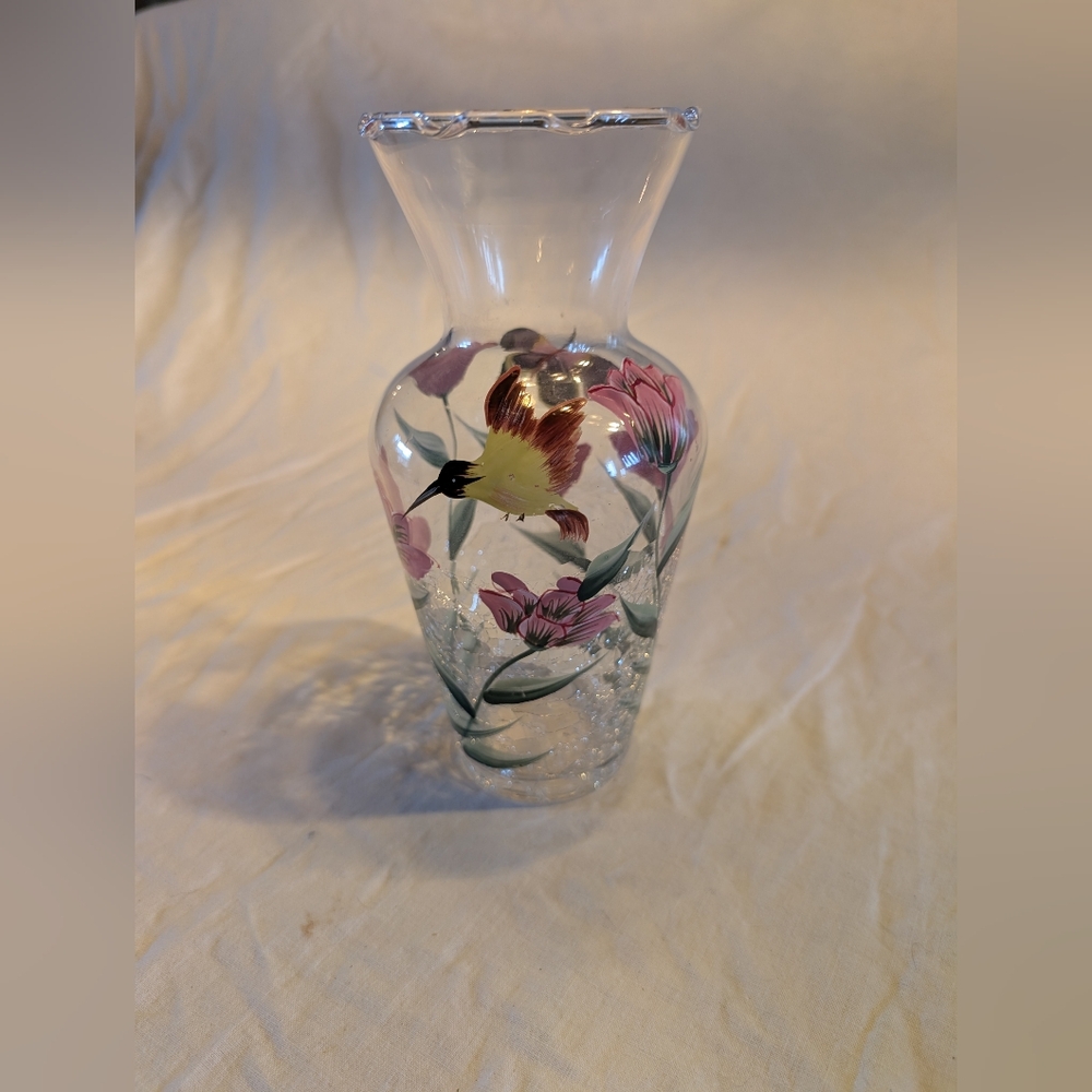 2/50Hand-Painted Crackle Glass Vase with Pink Flowers, Butterfly & Hemmings Bird